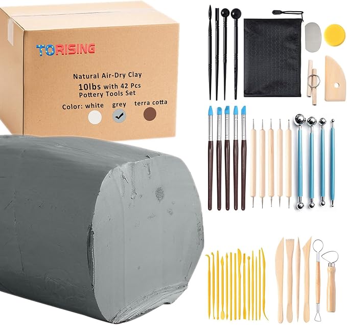 Air Dry Clay 10 LBs with 42 Pcs Set Pottery Clay Tools Set for Hand Modeling and Throwing, Non-Toxic (Gray & Kit)