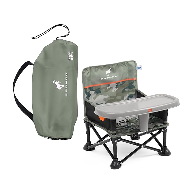 Bright Starts Ford Bronco Pop 'N Sit Portable Booster Chair, Floor Seat, Indoor/Outdoor Use, Compact Fold, Camo Print, 6 Mos - 3 Yrs