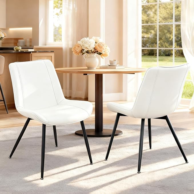 Brage Living Dining Chairs Set of 2, PU Leather Modern Armless Kitchen Dining Room Chairs, Upholstered Accent Side Chairs with Metal Legs (Pearl White)