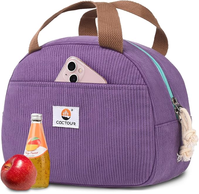 Lunch Box Lunch Bag for Women Girls Teens, Cute Lunch Box Cooler Bag, Portable Small Insulated LunchBox Reusable Corduroy Lunch Tote for Work/Travel/Picnic/School (Purple)