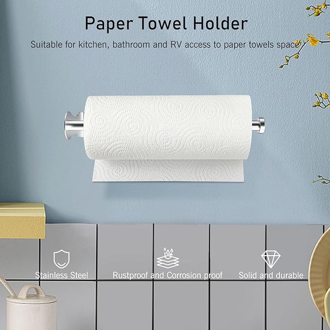 SetSail Paper Towel Holder, 2 Packs Single Hand Operable Paper Towel Holder Under Cabinet with Adjustable Damper Easy Tear Wall Mount Self-Adhesive or Drilled for Kitchen Bathroom, Silver