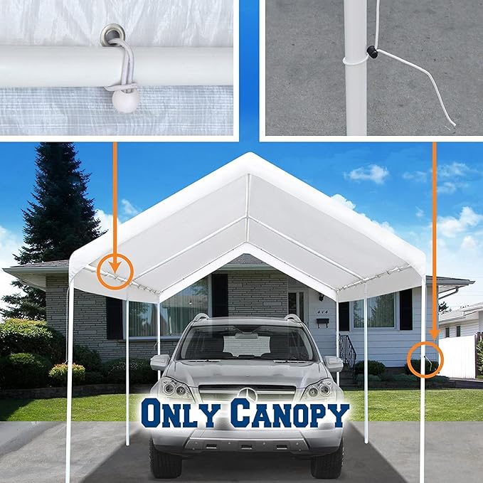 10'x20' Carport Replacement Top Canopy Cover for Car Garage Shelter Tent Party Tent with Ball Bungees White (Only Top Cover, Frame is not Included)