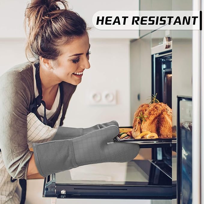 BPA-Free Soft Silicone 4 Piece Oven Mitts & Pot Holders Set - Ultra Heat Resistant Oven Mitts with Thick Cotton Liner - Long Slip Resistant Pot Holders, Flexible Oven Gloves - Gray