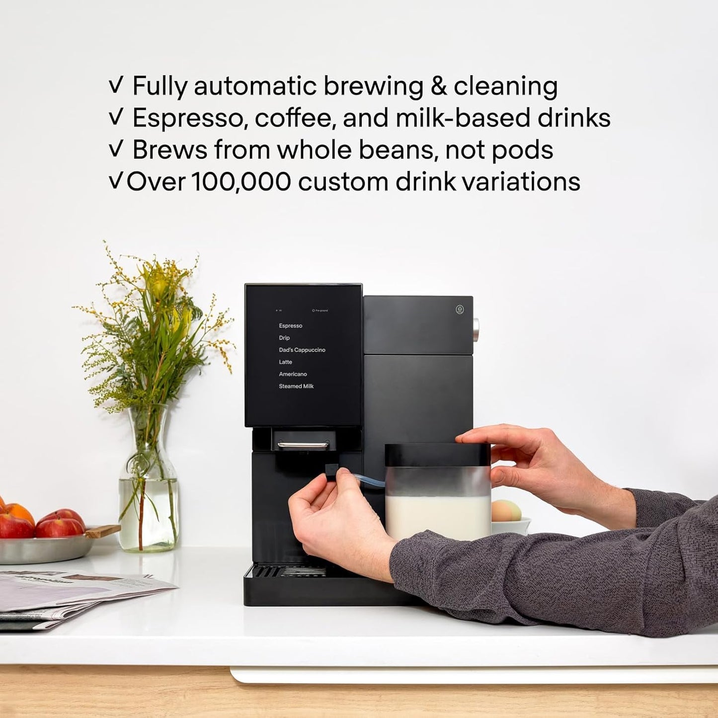 Terra Kaffe Super Automatic Espresso Machine - App-Enabled Coffee Machine - Auto Wake & Sleep - All Milk Types - Roaster-Approved Espresso Settings - Cappuccino Machines for Home - White TK-02