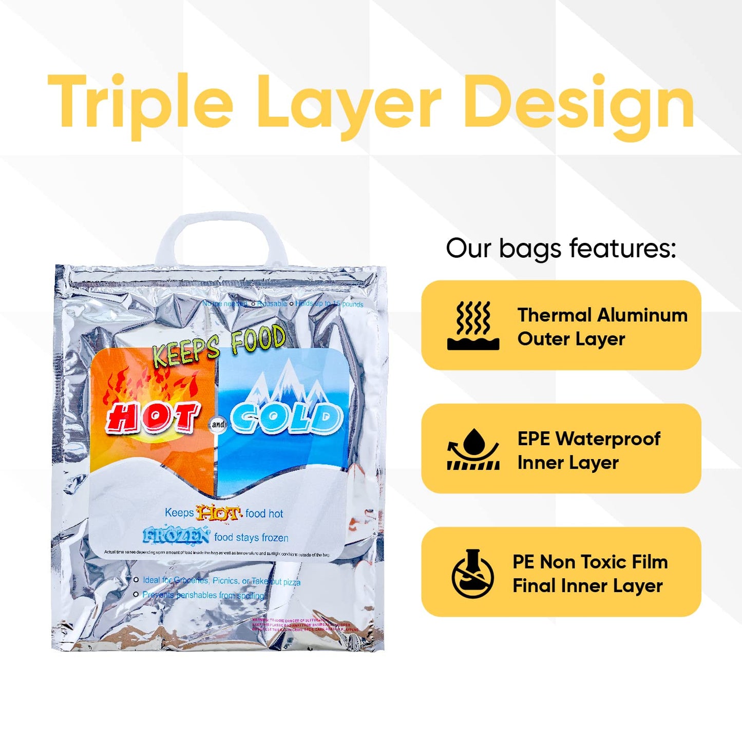 Superio Hot and Cold Insulated Bags for Food Delivery, Grocery Shopping Bags, Food Storage for Hot and Frozen Food for Travel, Disposable Cooler Bag, Reinforced Thermal Lunch Bag (3, 12"x13.5")