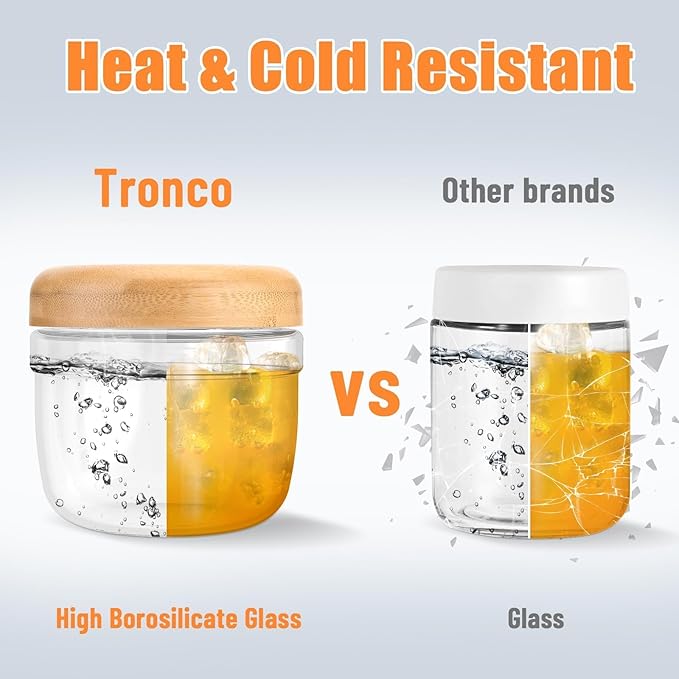 Tronco 24 oz Glass Container with Bamboo Lids, Food Storage Bowls for Soup, Stew & Overnight Oats, Meal Prep, Glass Lunch Bowl Container 100% Leak & Spill Proof, Airtight, BPA-Free- Ideal Gifts, 2Pack