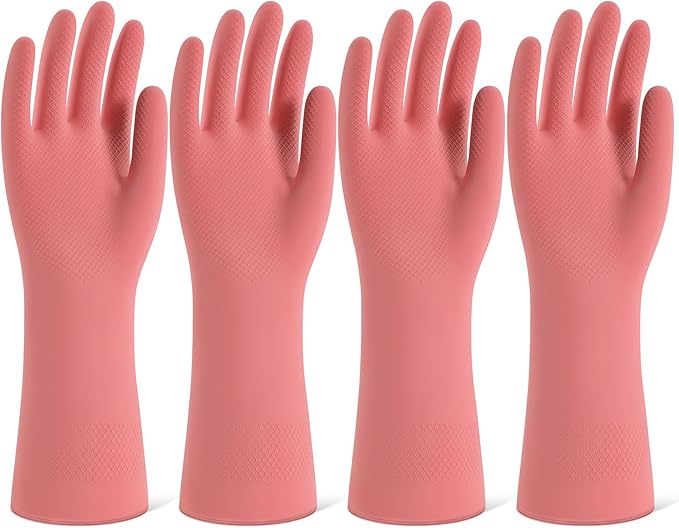 Rubber Cleaning Gloves for Dishwashing, 4 Pairs Reusable Kitchen Gloves for Washing Dishes and Household Cleaning, Pink Dish Gloves with Flocked Lining and Non-Slip Grip, Pefect for Woman Men - L