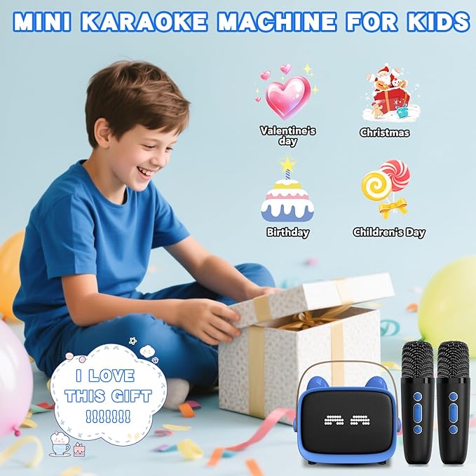 Mgaolo Upgraded Mini Karaoke Machine Toy for Kids, Portable Bluetooth Speaker with 2 Wireless Mics, Emoji & Colorful LED Lights, Home Travel & Party Play Gifts for Boys Girls (Blue)
