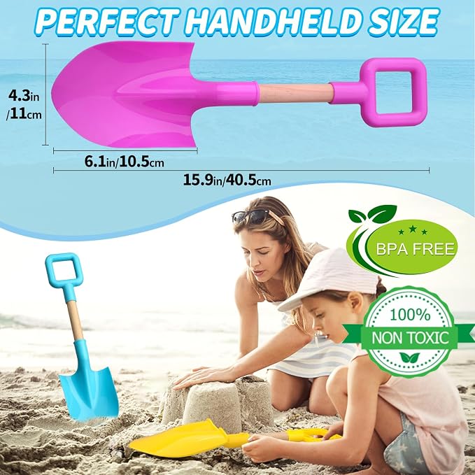 16" Jumbo Beach Sand Shovels Toys for Kids, Pink Gardening Tool Kits, Sturdy Long Wooden Spade for Sand Snow Digging, ABS Plastic Scoops Gift for Summer Winter Camping Backyard Planting (3PCS)