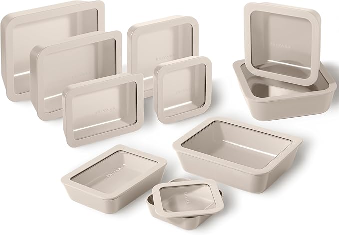 Ceramic Coated Glass Food Storage Containers | No PTFE, PFOA, PFAS, and BPA | Reusable Non Toxic Meal Prep Containers with Glass Lids | Easy To Store | 10 Piece Set [Crema]