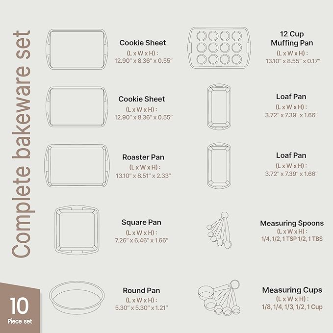 Green 10-Piece Bakeware Sets, Nonstick Carbon Steel Baking Sheet & Pans, Stackable Space-Saving Bakeware, Dishwasher Safe, Stain-resistant, PFOAPFOSPTFE Free, Oven Safe Up To 450°F (230°C)