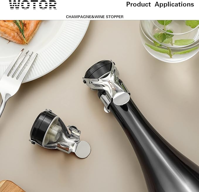WOTOR Champagne&Wine Bottle Stoppers Stainless Steel with Food Grade Silicone, Leak Proof Keep Fresh Reusable Saver, Cork Suitable for Wine, Champagne, Cava, Prosecco and Sparkling (2 Pack Silver）