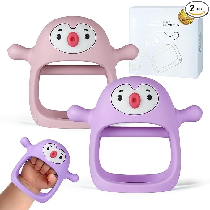 Smily Mia 2pack Penguin Teether for Babies 0-6Month, Infant Teething Toys,Pacifiers for Breastfed Babies, Silicone Teething Mittens for 3-6Months, Perfect Shower Gift+Baby Registry, Pink&Purple