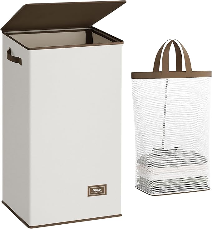 SOLEDI Clothes Hamper with Lid - 100L XL - Large Laundry Basket with Removable Bag, Collapsible Laundry Baskets, Convenient Storage - Hampers for Laundry for Bedroom, Bathroom, Closet, Dorm, Off-White