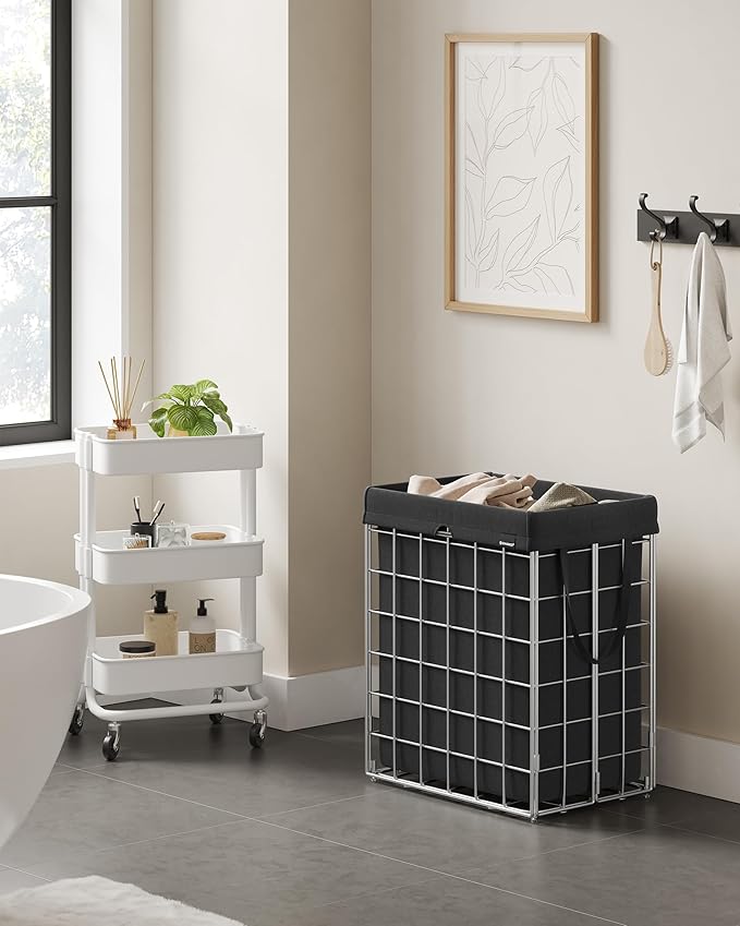 SONGMICS Laundry Hamper, 23.8 Gal. (90L) Laundry Basket, Collapsible Clothes Hamper, Removable and Washable Liner, Metal Wire Frame, for Bedroom Bathroom, Silver and Classic Black ULCB190B01