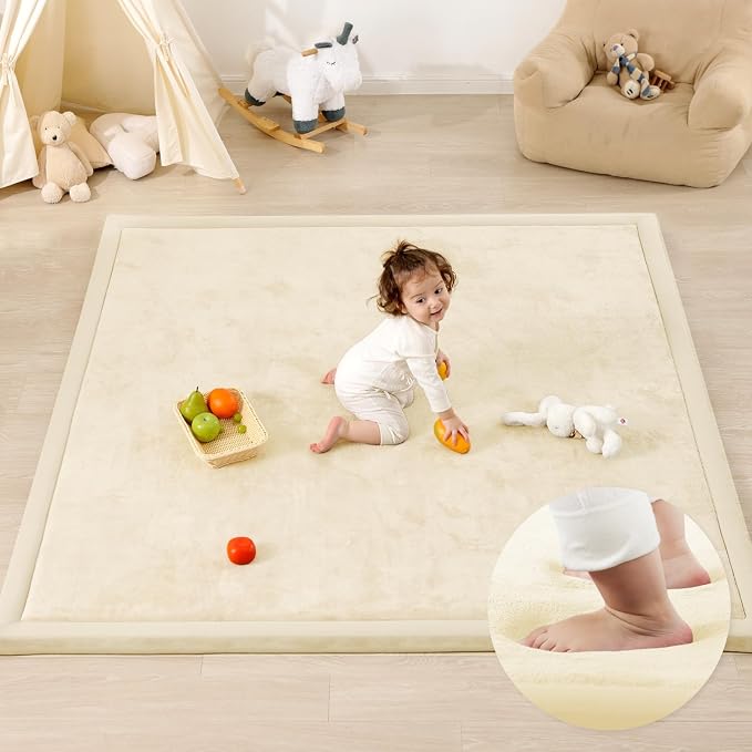 1.3" Thick Baby Play Mat for Floor, 79x118 Large Foam Tummy Time Mat, Padded Support Soft Plush Nursery Rug for Infant Kids Toddler Crawling Kick Activity (Ivory)