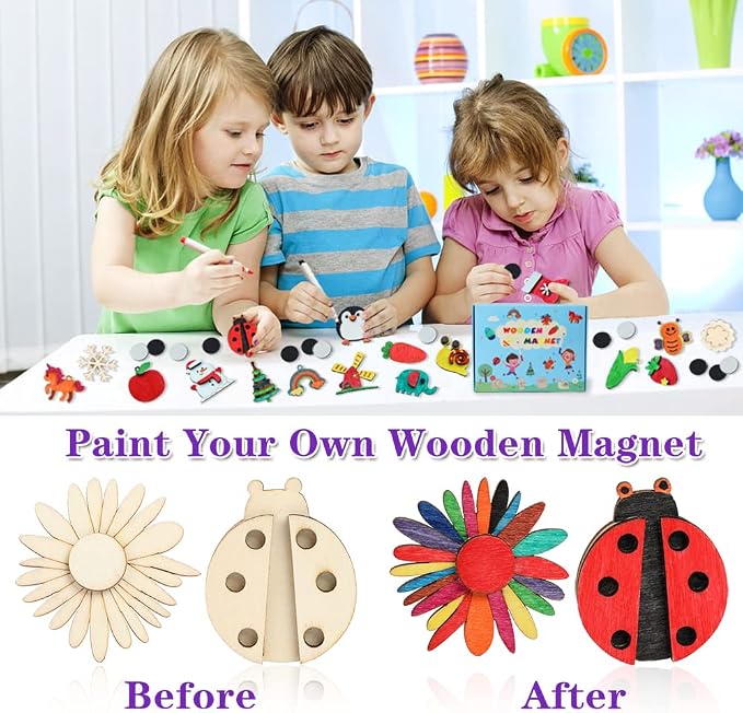 Worgree DIY Wooden Magnets, 36 pcs Wooden Art Craft Supplies Painting Kit for Kids Party Favors for Boys Girls Ages 4-8 8-12 Birthday Easter Crafts Gifts Toys Basket Goodie Bag Stuffers