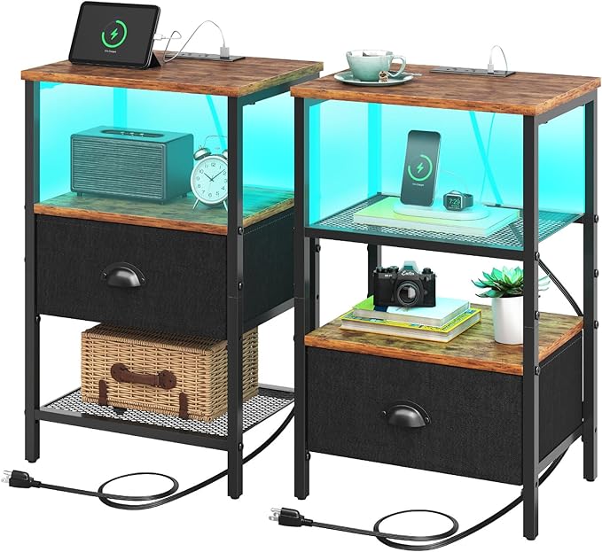 Sthmec Nightstands Set of 2, LED Bedside Tables with Charging Station and Fabric Drawer, Night Stand with Storage, 3 Tier Side Table with Open Shelf, LED Nightstands with Charging Station,Rustic Brown