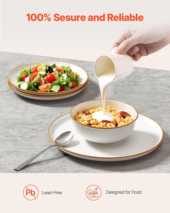 VEVOR Dinnerware Set, Service for 6 (18 PCS), Round Plates and Bowls Sets, Scratch Resistant Ceramic Dinner Ware, Dishwasher and Microwave Suitable Kitchen Dish, for Dessert Salad Soup Pasta, White