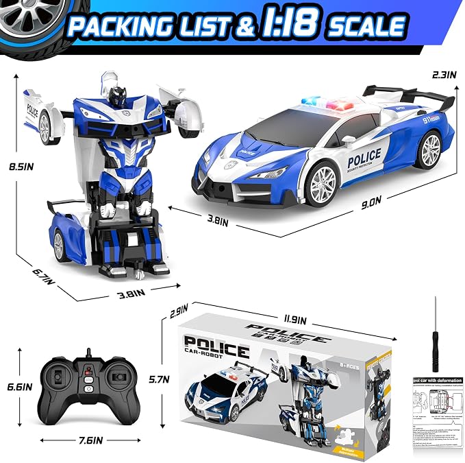 Remote Control Car, One-Button Transform Toys Car, 2.4GHz RC Cars 1:18 Scale, 360 Degree Rotation Police Car Toy Transforming into Robot Toy for Boys Girl Kids 4-7 8-12 6-8, Birthday
