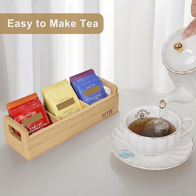 HTB Small Tea Bag Holder, Bamboo Tea Organizer 3 Compartments for Beverage Suppliers, Sugar, Sweeteners, Individual Packets, Portable Tea Bag Organizer for Home Kitchen Counter or Office