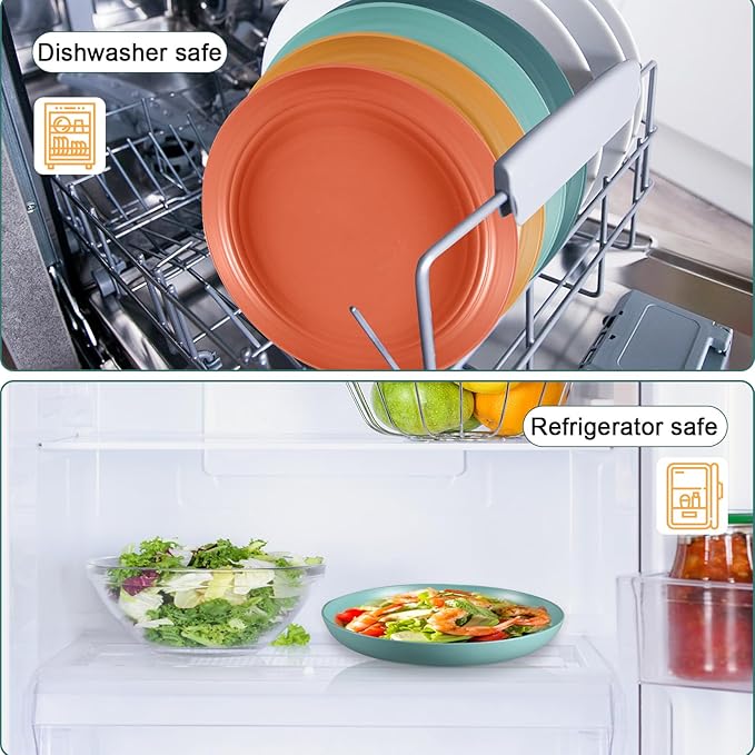 12 Pcs Unbreakable Deep Dinner Plates Set, 10 inch Reusable Plastic Wheat Straw Plates, Microwave and Dishwasher Safe Plate for Kitchen, Lightweight Plate for Dessert, BPA Free, Dark Blue