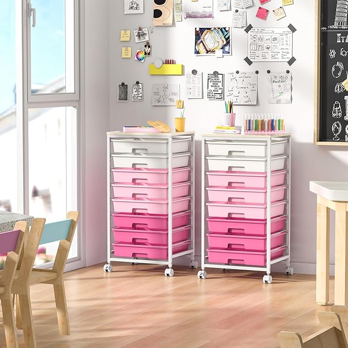 Rolling Cart with Drawers,Storage Cart with 8 Drawers and Wooden Tabletop,Utility Cart for Living Room,Classroom, Bedroom,Bathroom,Dorm,Office,Rose Pink