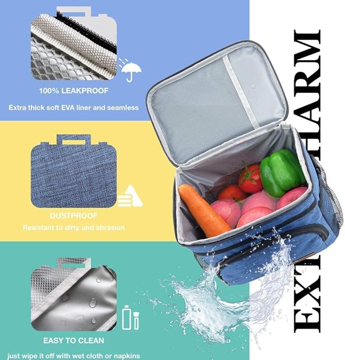 ExtraCharm Insulated Lunch Bag for Women/Men - Reusable Lunch Box for Office Picnic Hiking Beach - Leakproof Cooler Tote Bag Organizer with Adjustable Shoulder Strap for Adults - Green