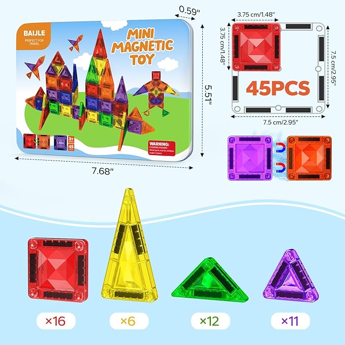 Mini Magnetic Tiles, 45PCS Diamond Pattern Magnetic Tiles Travel Set with Case, Portable Building Toys Creativity Boosting Sensory Toys for Kids Ages 4-8 Toddler Boys Girls Halloween Birthday Gift