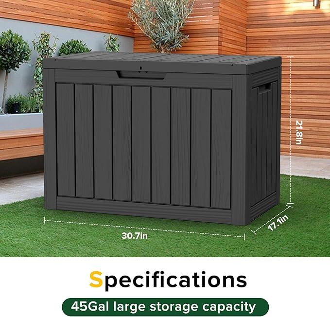 45 Gallon Outdoor Deck Box,Waterproof Resin Outdoor Storage Boxes, Outside Storage Lockable Container for Garden Tools,Indooor Cushions,Accessories (Black)
