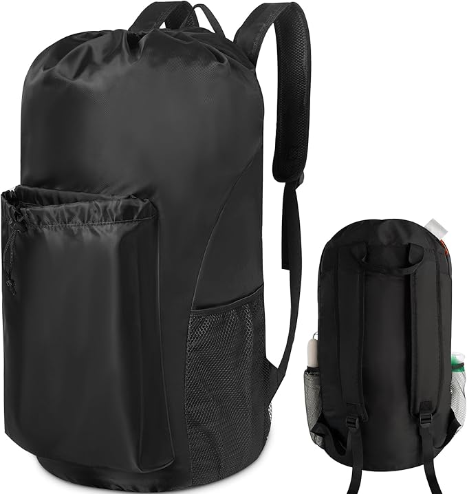 Polecasa Extra Heavy Duty Large Backpack Laundry Bag with Comfortable Padded Shoulder Straps & 4 Pockets, Drawstring bag for Dorm, College, Travel, Black