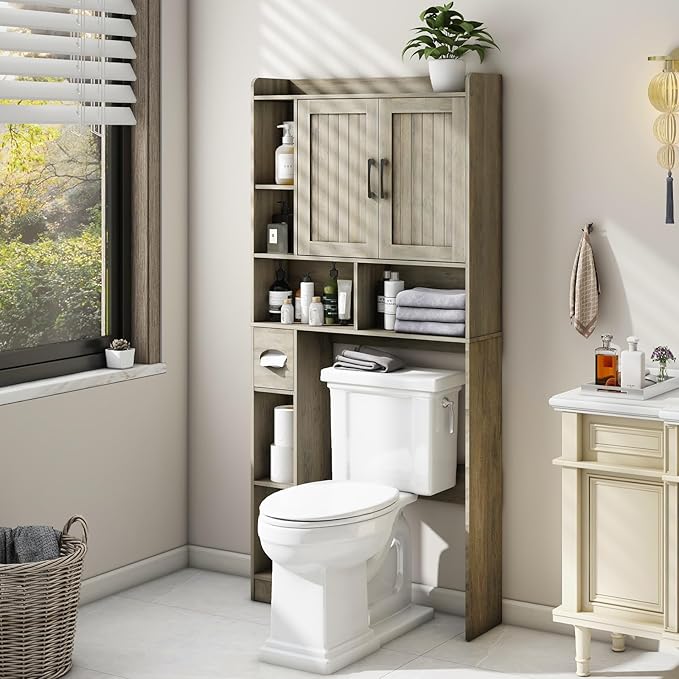 Farmhouse Storage Cabinet Over Toilet with 2 Barn Doors & Toilet Paper Holder Stand, Space-Saving Bathroom Rack