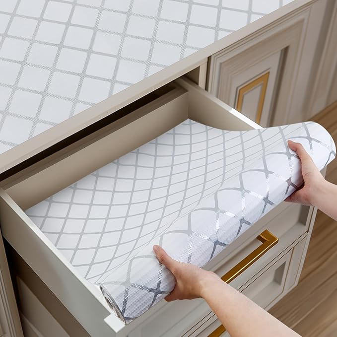 Shelf and Drawer Liner for Kitchen Cabinets Non-Adhesive, Strong Grip Non-Slip Thickened Cabinet Liners for Shelves, Waterproof Mats for Dresser Cupboard, Silver Stripe, 12 in x 30 Feet