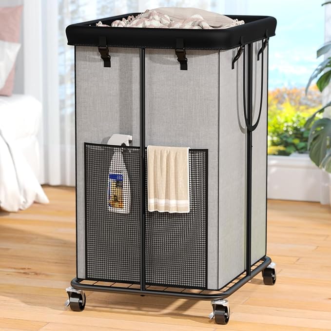 150L Laundry Hamper with Wheels, Rolling Laundry Basket with Metal Frame and Removable Bag, Large & Tall Dirty Clothes Hampers for Bedroom Aesthetic, Laundry Room, Bathroom, Dorm-Grey