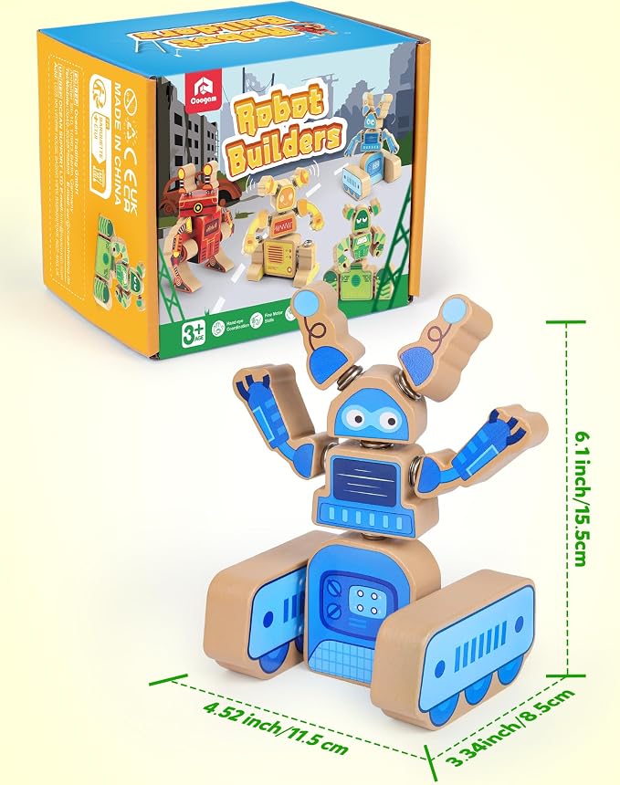 Coogam Fine Motor Building Robot Blocks for 3 4 5 Years Old Kids, Wooden Snap Together Builders, STEM Take Apart Robot Playset, Educational Learning Toy Gift for Boys Girls