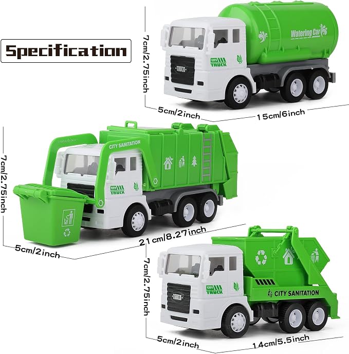 Garbage Truck Toy Vehicles Playset w/Play Mat,Friction Powered Sanitation Truck/Dump Truck/Tipper/Water Tanker,8 Pcs Signposts,6 Pcs Mini Engineer Cars for boy Age 3+ Toddlers kid Birthday Gift,Green