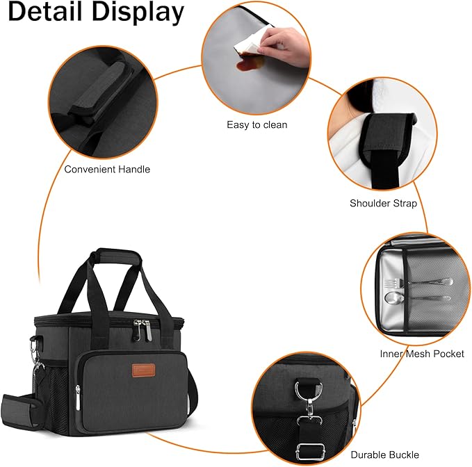 Femuar Lunch Bags for Women/Men, Insulated Lunch Bag for Work Office Picnic - Large Lunch Cooler Bag Leakproof Lunch Box with Adjustable Shoulder Strap for Adults - Charcoal(15L)