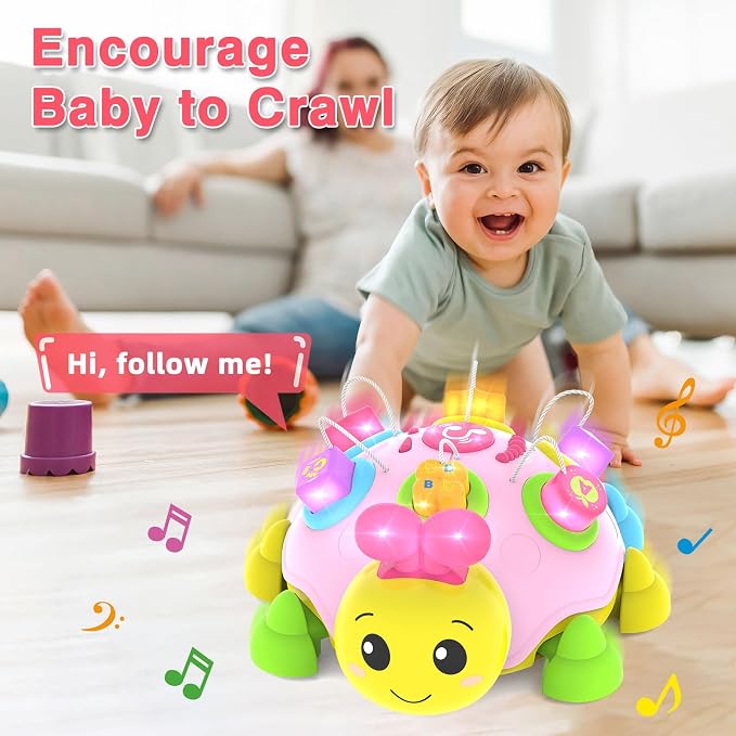 Baby Crawling Toys 6-12 Months,Musical Ladybug Crawling Toy for Infants 0-3-6 7 8 9 10 12-18 Months,Early Education Light Up Music Walking Toys,Shape Matching,Tummy Time Toys for Boy Girl Gift.(Pink)