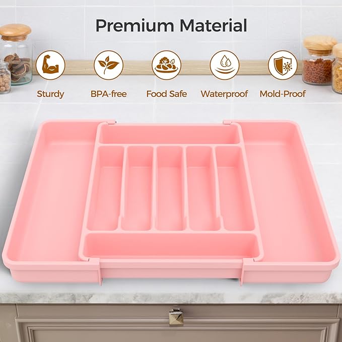 Extra Large Expandable Silverware Organizer, BPA-Free Food-Safe Cutlery Flatware Organizer, Kitchen Utensil Drawer Organizer, Adjustable Silverware Holder for Spoons Forks Knives, Pink
