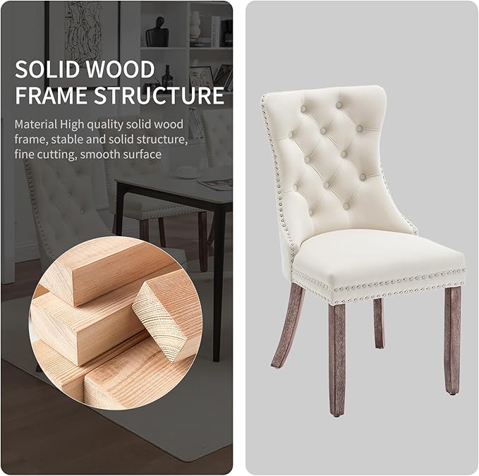 Velvet Dining Chairs Set of 2, Upholstered Dining Room Chairs with Nailhead Trim, Sillas de Comedor Modernas 2, Wooden Kitchen Chairs for Dining Room, Living Room, Kitchen, Bedroom, Beige