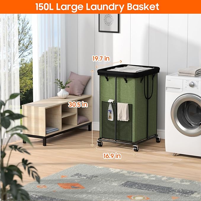 150L Laundry Hamper with Wheels, Rolling Laundry Basket with Metal Frame and Removable Bag, Large & Tall Dirty Clothes Hampers for Bedroom Aesthetic, Laundry Room, Bathroom, Dorm-Green