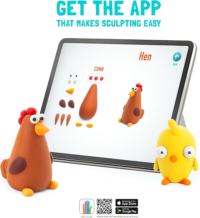 HEY CLAY Colorful Modeling Air Dry Clay for Kids 6 cans with Fun Interactive Instructions App - Kids Activities Age 3+ (Farm Birds: Chick, Turkey, Rooster)