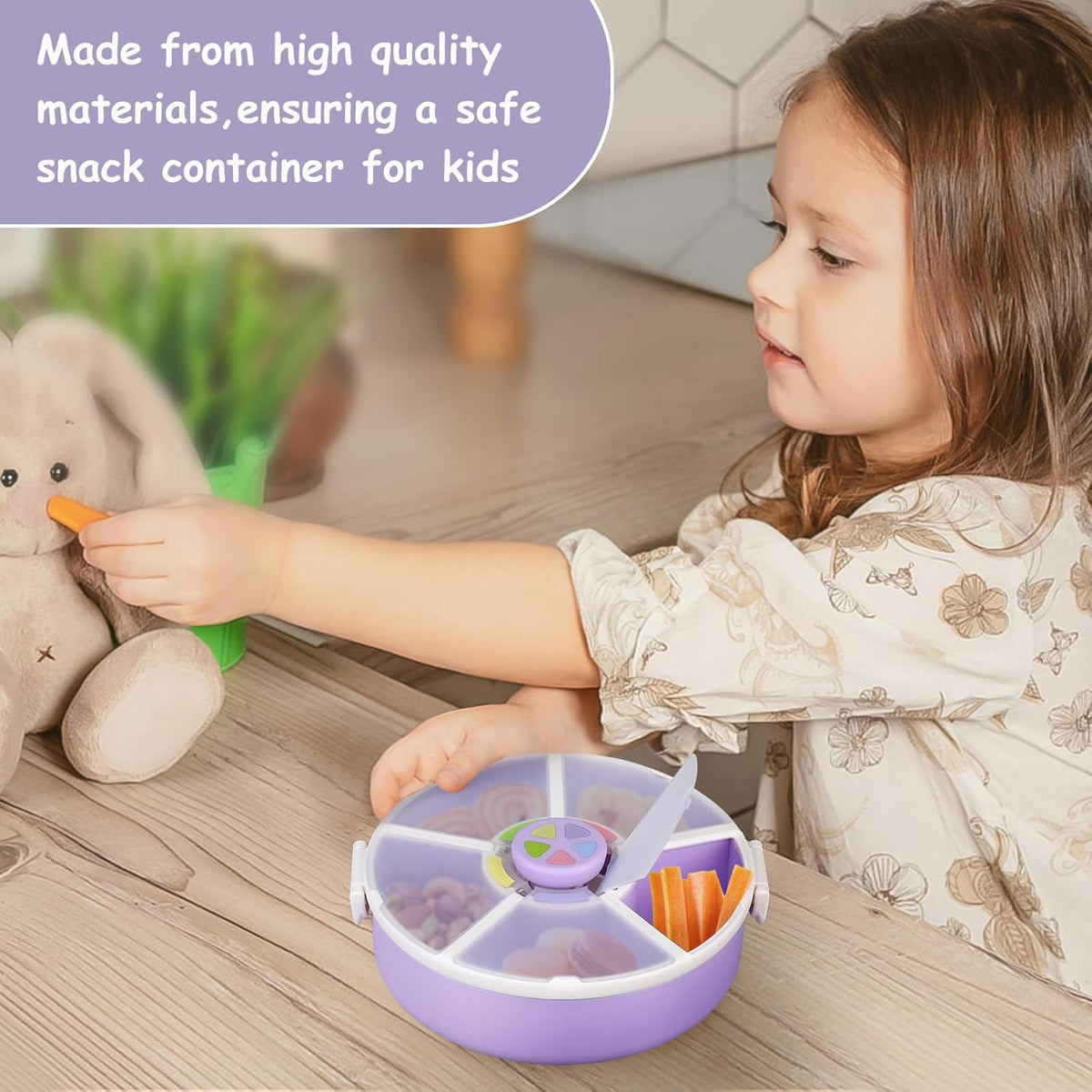 Kids Snack Spinner – Reusable Snack Container with 5 Compartments & Lid, BPA/PVC-Free, Dishwasher Safe, Perfect for Travel, School Lunches & On-the-Go Snacking, Purple
