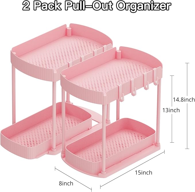 2 Pack Multi-Purpose Pull-Out Storage Organizers, Under Sink Organizers and Storage for Bathroom & Kitchen, Under Cabinet Organizers and storage, 14.8 Inch, Pink