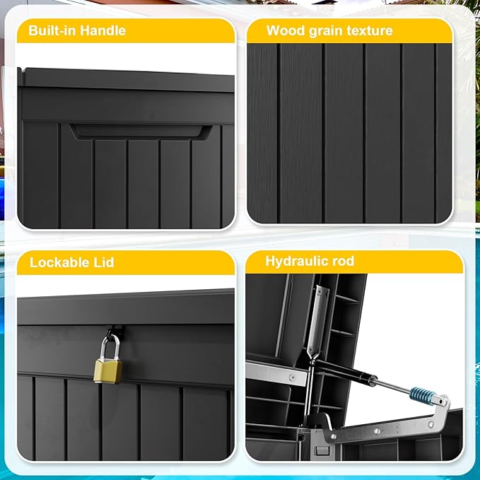 280 Gallon Outdoor Deck Box,Waterproof Resin Outdoor Storage Boxes, Outside Storage Lockable Container for Garden Tools,Indooor Cushions,Accessories (Black)