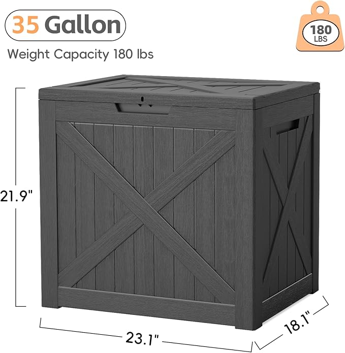 Outdoor Storage Box, 35 Gallon Waterproof Resin Deck Box, Storage Bin for Package Delivery, Patio Furniture Cushion, Garden Tools, Pool Accessories, Weatherproof and UV Resistant, Black