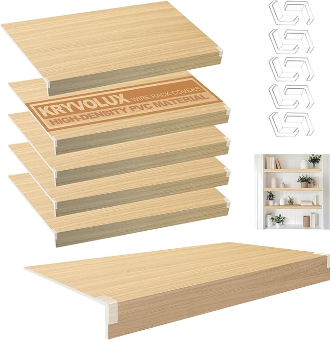 5 Pcs Wire Rack Covers 30x16x2.5 inch PVC Pantry Shelf Cover 0.31 inch Thick Removable Closet Wire Rack Shelf Covers,Decoration Kitchen Bathroom Office Shelving (Wood Color,30x16x2.5inch)