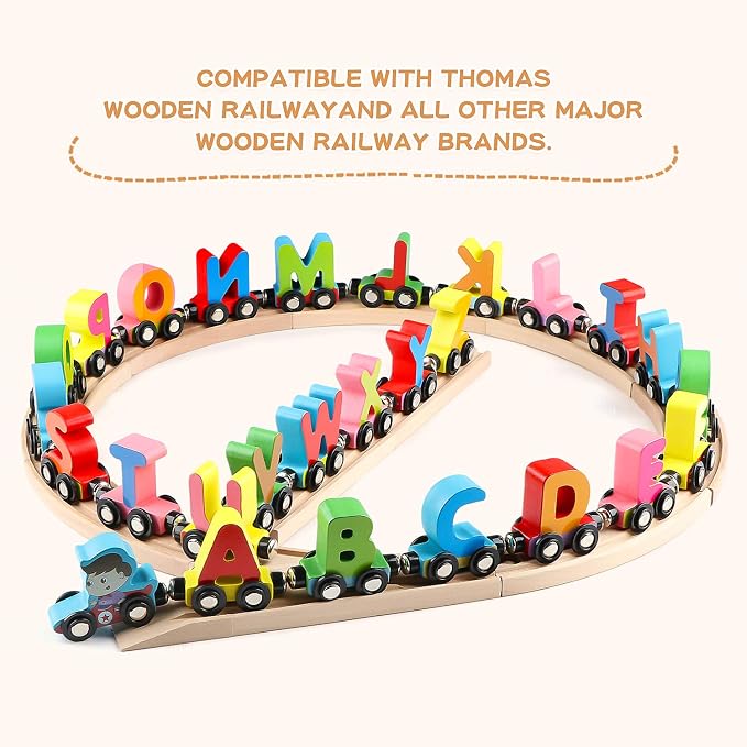 Wondertoys Wooden Alphabet Train Toy 27 PCS Magnetic Alphabet ABC Letter Train Set Includes 42 PCS Flash Cards, 1 Engine and 1 Storage Box for Toddlers Kids Boys and Girls