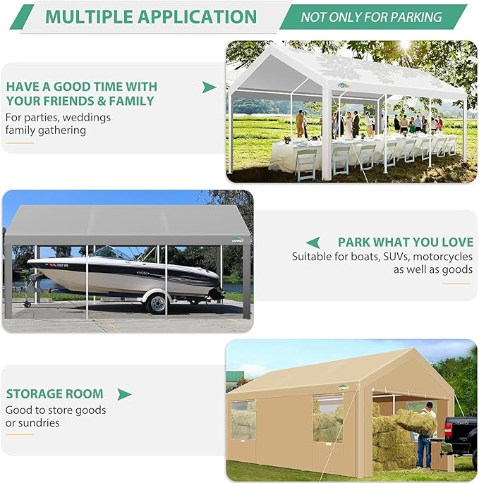 COBIZI Carport 10x20ft Heavy Duty Portable Garage, 2.0 Powder Coated Frame(Better Than Galvanized), Waterproof Shelter with Removable Sidewalls & Windows, Built-in Sandbags, for Car/Boat/SUV, White