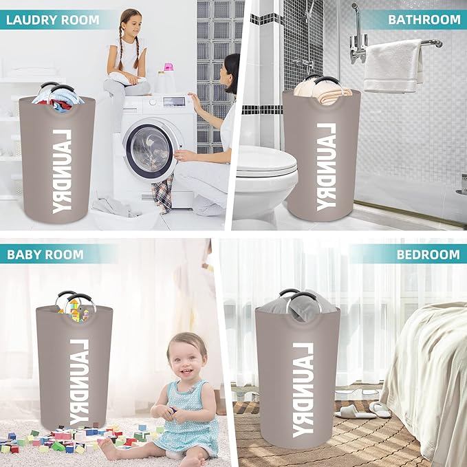 StorageRight 90L Large Laundry Basket, Laundry Hamper, Dirty Clothes Hamper for Laundry, Collapsible, Waterproof Laundry Baskets with Foam Protected Aluminum Handles for Laundry, Dorm, Family (Khaki)